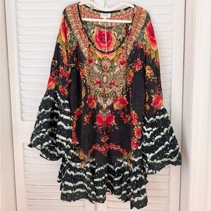 NWT Camilla 100% Silk Boho Black & Red Floral Caftan / Coverup Dress